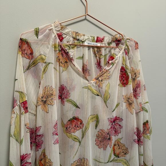 Rose & Olive Womens Top Large Floral Long Sleeve Fairy Peasant Sheer Romantic - Picture 3 of 7